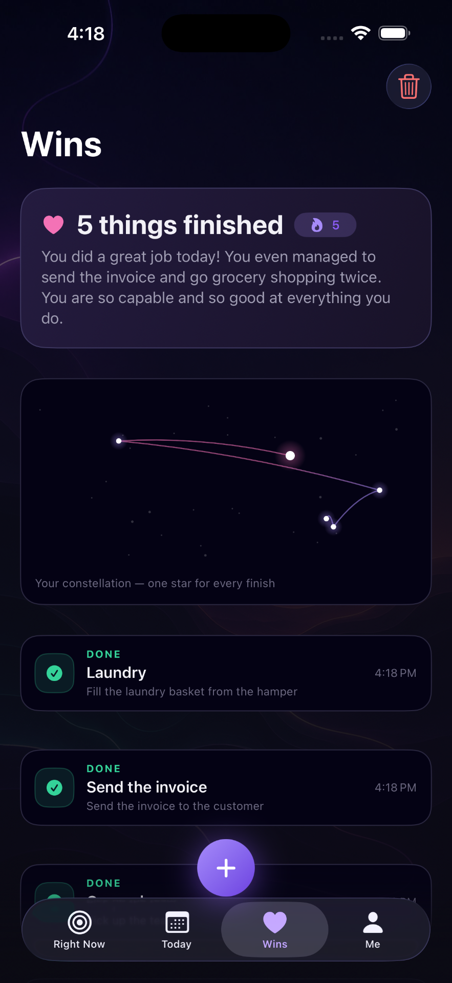 Wins celebrates what you actually finished — a constellation you built.