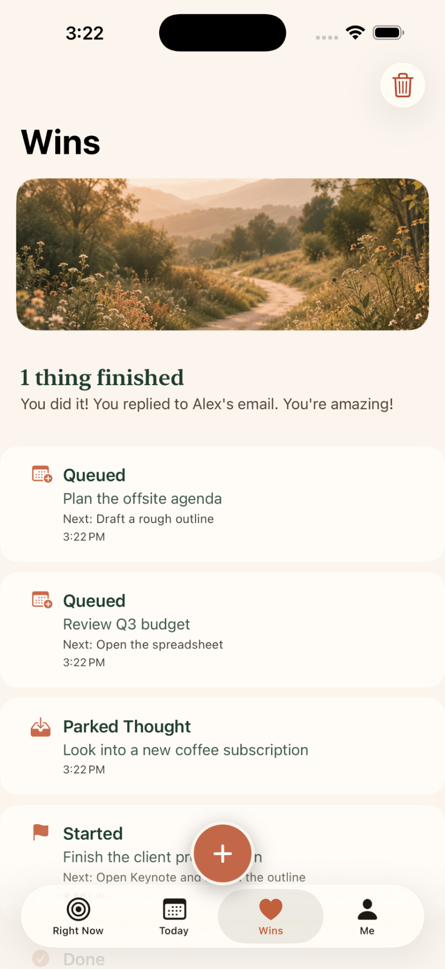 Wins celebrates what you actually finished — momentum you can feel.