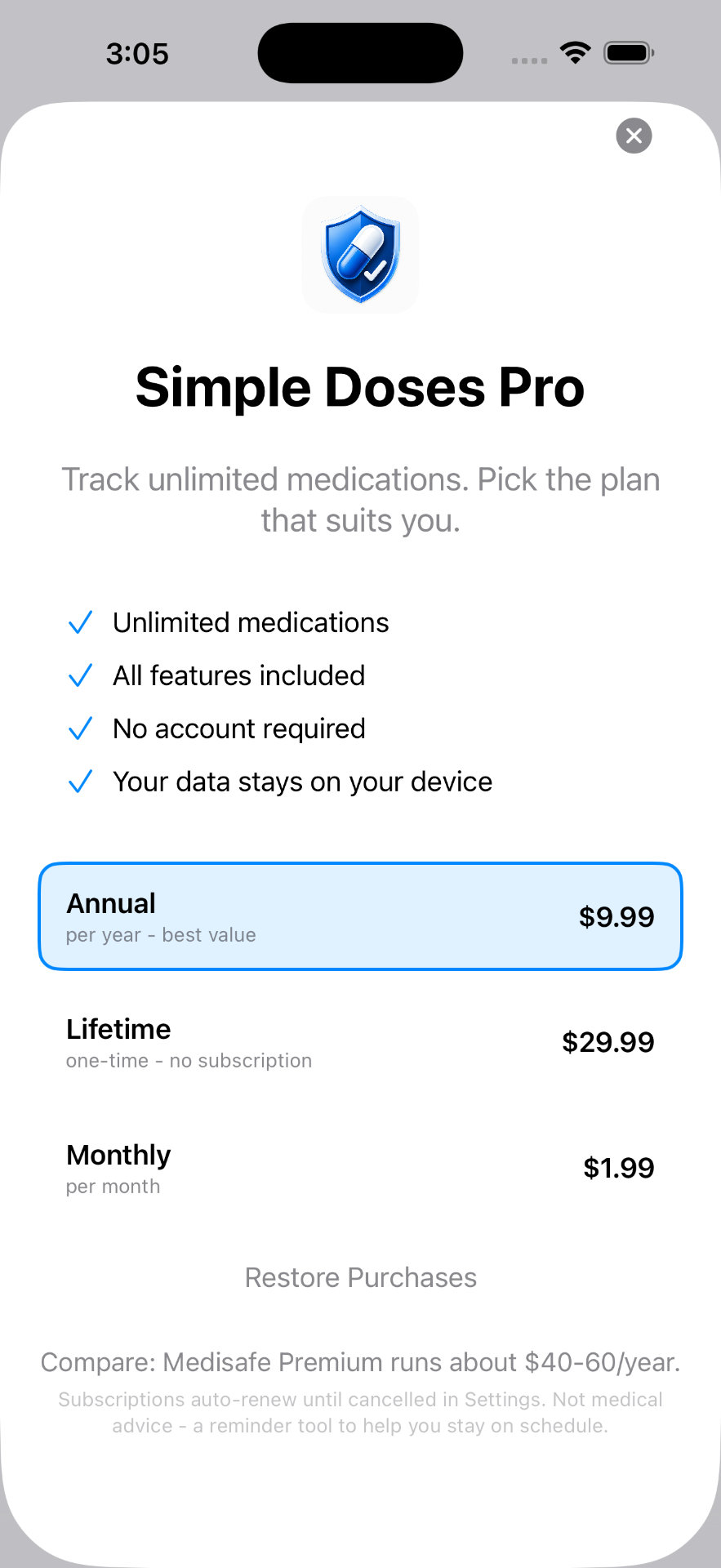 Pro unlocks unlimited meds — $9.99/year, $1.99/month, or $29.99 lifetime.