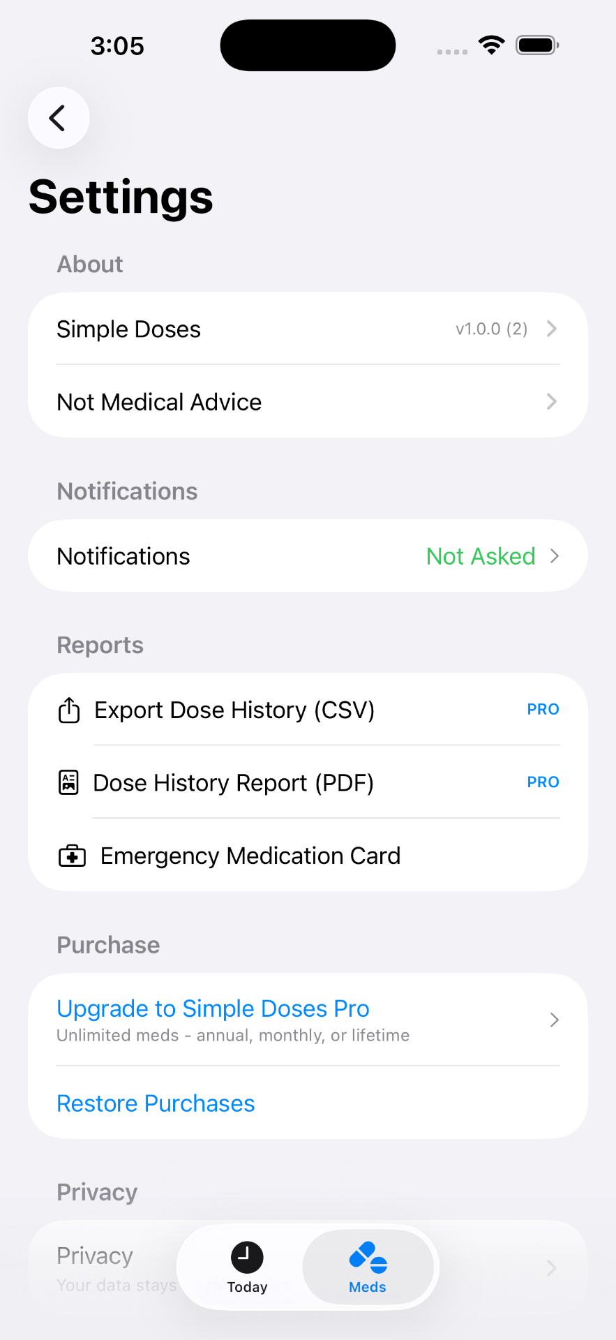 Notifications, CSV/PDF reports, and an emergency medication card.