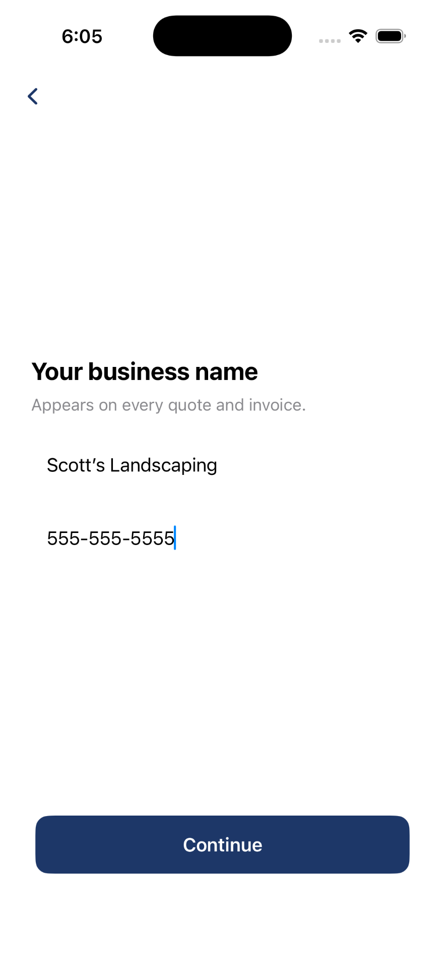 Your business name lands on every quote and invoice.