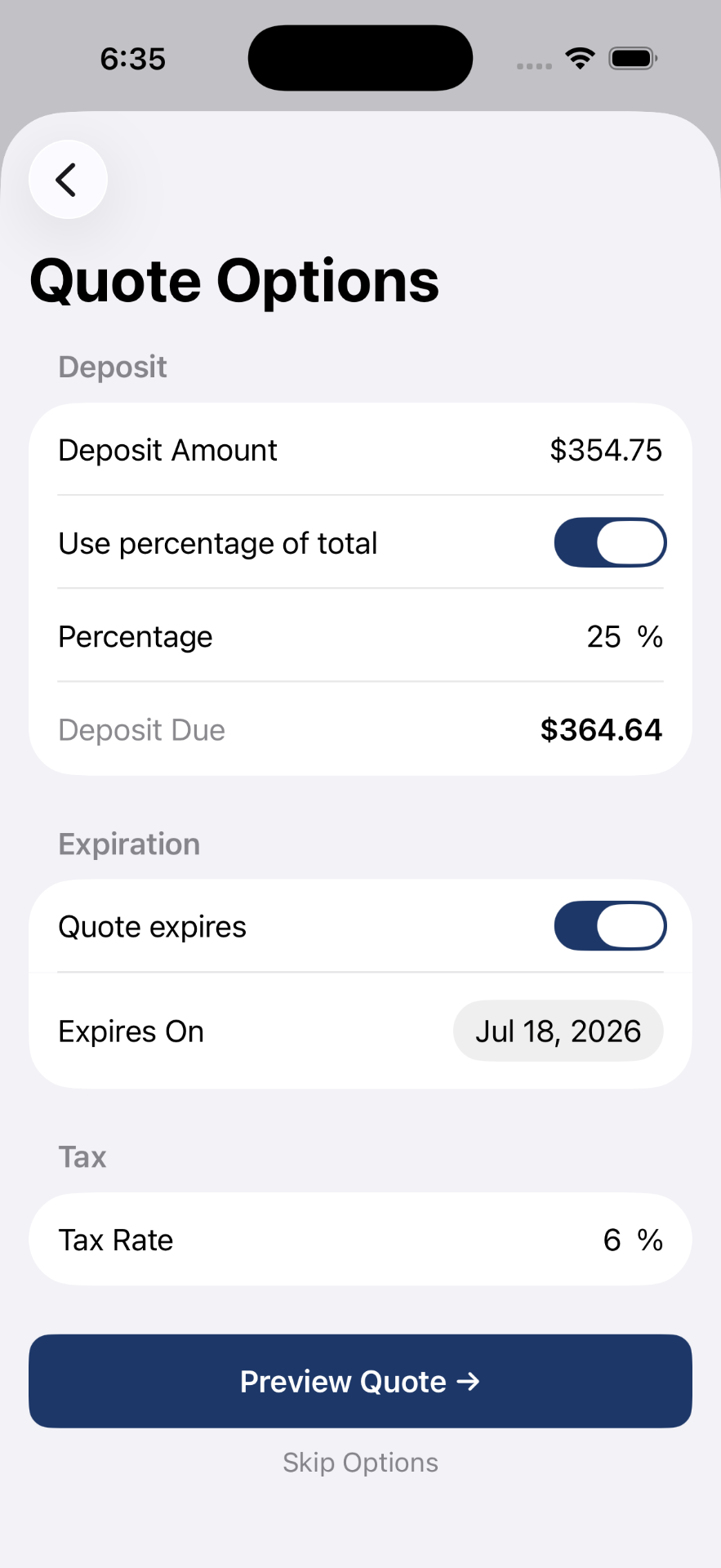 Deposits, expirations, tax — handled in one screen.