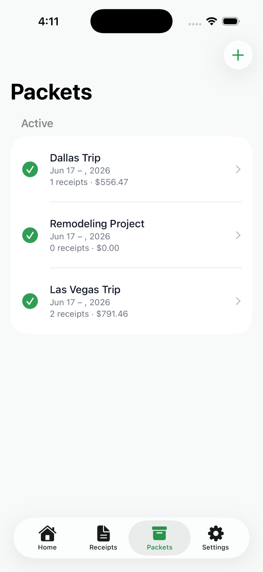 One packet per trip or project. Active and archived.