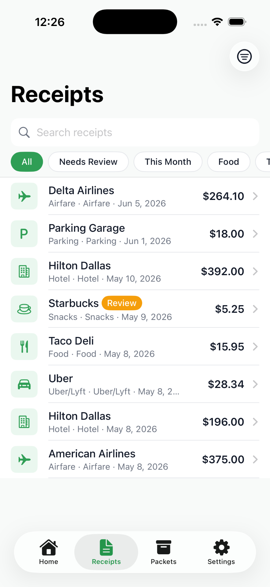 Search and filter every receipt — flagged ones bubble up.