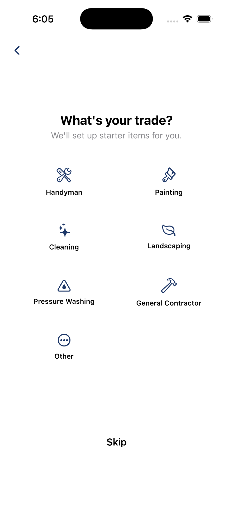 Pick a trade and BidQuick sets up starter items for you.